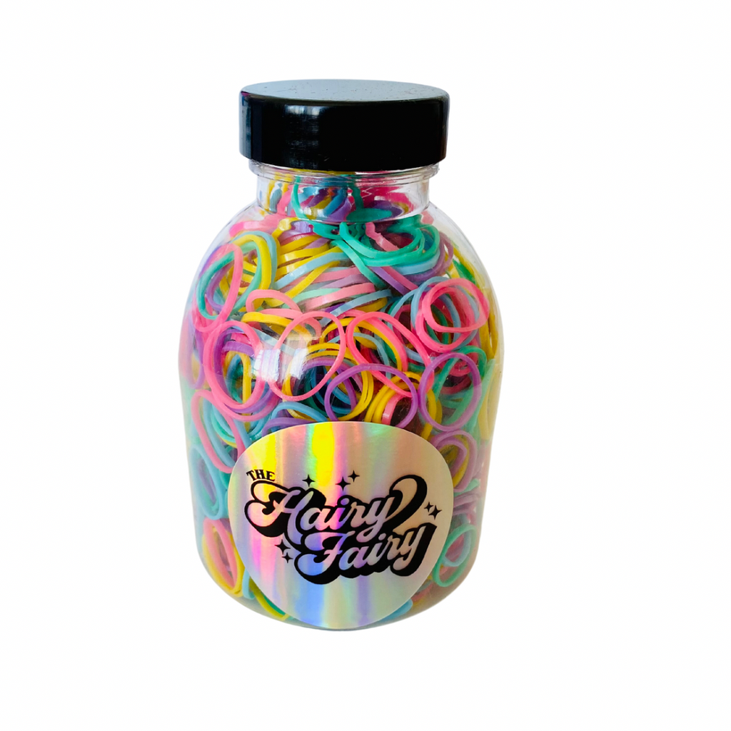 jar of Disposable rubber hair elastics - RAINBOW