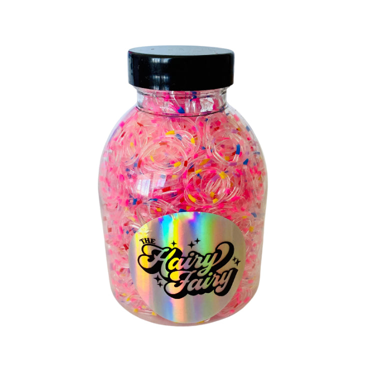 jar of Disposable rubber hair elastics - PINK