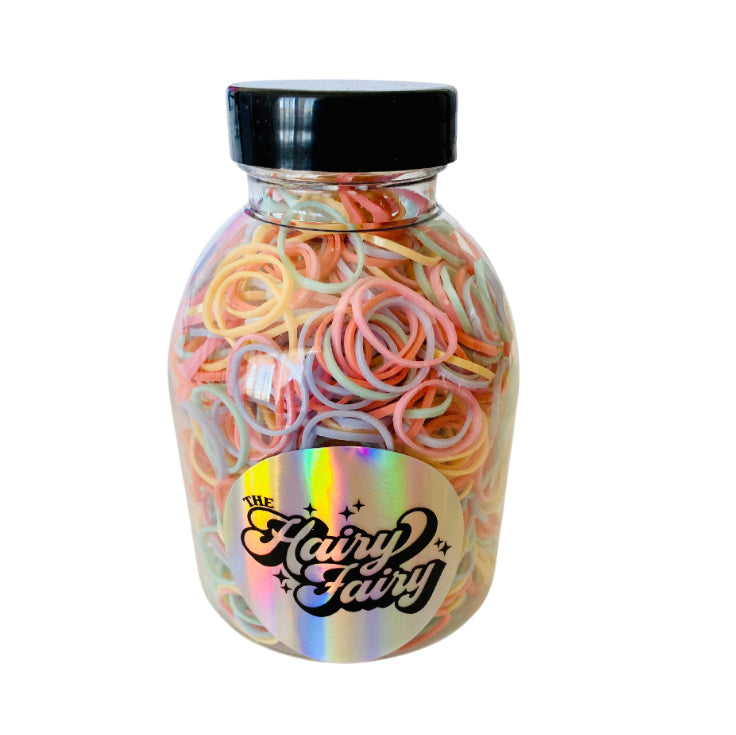 jar of Disposable rubber hair elastics - PASTEL