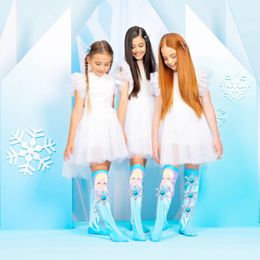 three girls wearing Frozen Socks