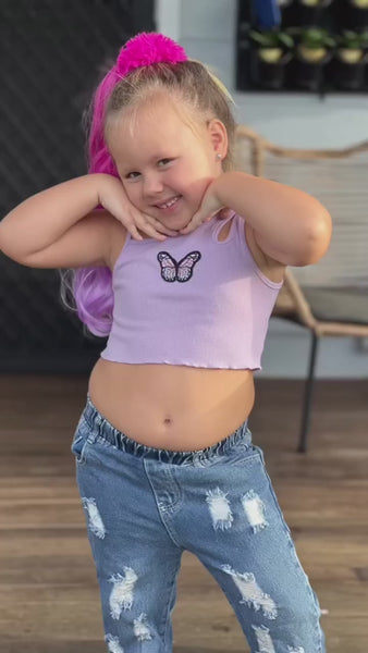 girl in different poses wearing Cotton Candy Curled Ponytail